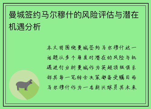 曼城签约马尔穆什的风险评估与潜在机遇分析