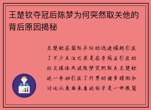 王楚钦夺冠后陈梦为何突然取关他的背后原因揭秘 王楚钦夺冠后陈梦为何突然取关他的背后原因揭秘